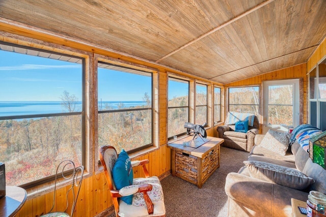 10173 Little Marais Trl, Silver Bay, MN 55614 - sunroom / solarium featuring wood ceiling, wood walls, vaulted ceiling, carpet flooring, and a water view