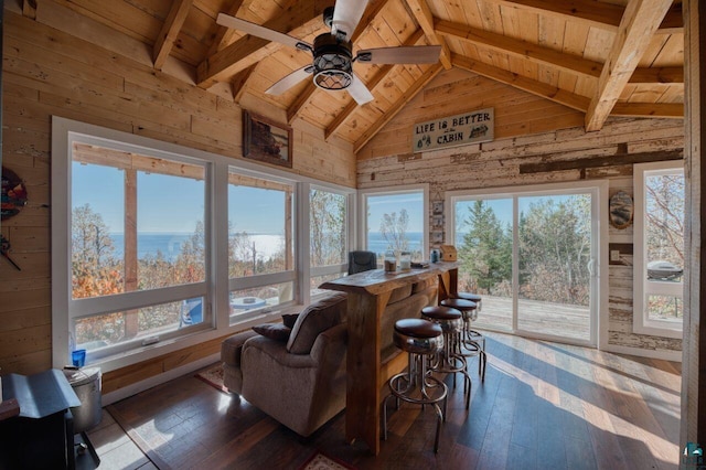 10173 Little Marais Trl, Silver Bay, MN 55614 - living room featuring wooden walls, wooden ceiling, ceiling fan, and hardwood / wood-style floors