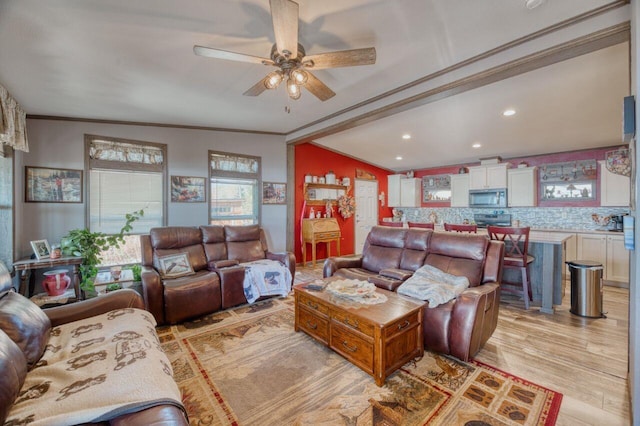 10173 Little Marais Trl, Silver Bay, MN 55614 - living area with ornamental molding, a ceiling fan, recessed lighting, and light wood-type flooring