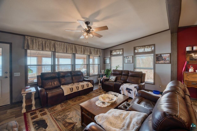 10173 Little Marais Trl, Silver Bay, MN 55614 - living room featuring a ceiling fan, wood finished floors, lofted ceiling, and ornamental molding