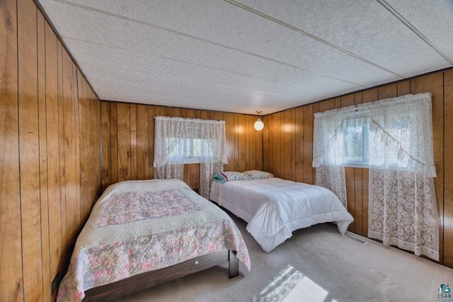 4538 Bass Lake Rd, Gilbert, MN 55741 - bedroom with multiple windows, wooden walls, a textured ceiling, and carpet