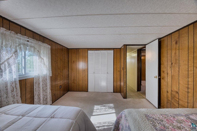4538 Bass Lake Rd, Gilbert, MN 55741 - bedroom with wood walls, light carpet, and a textured ceiling