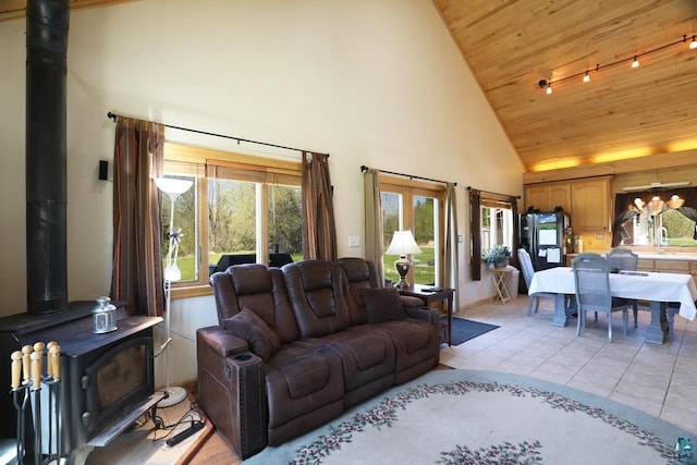 10362 Arkola Rd, Meadowlands, MN 55765 - living area featuring a wood stove, high vaulted ceiling, wood ceiling, track lighting, and light tile patterned floors