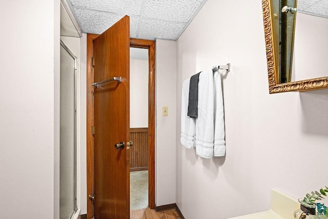 3026 Getchell Rd, Duluth, MN 55810 - bathroom featuring a drop ceiling and an enclosed shower