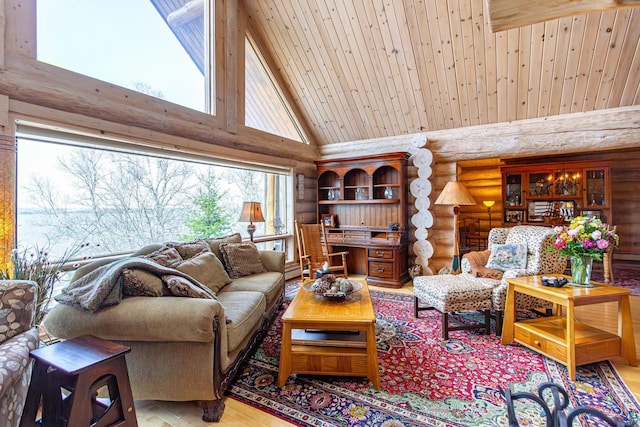 693 Kawishiwi Trl, Ely, MN 55731 - living area with log walls, wood finished floors, high vaulted ceiling, wood ceiling, and beam ceiling