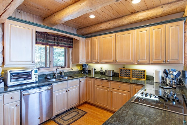 693 Kawishiwi Trl, Ely, MN 55731 - kitchen with stainless steel dishwasher, a sink, beam ceiling, wooden ceiling, and light wood-type flooring