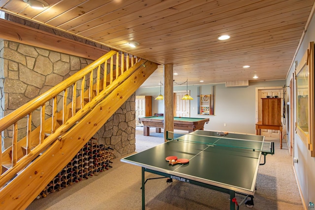 693 Kawishiwi Trl, Ely, MN 55731 - game room with carpet floors, wood ceiling, pool table, and recessed lighting