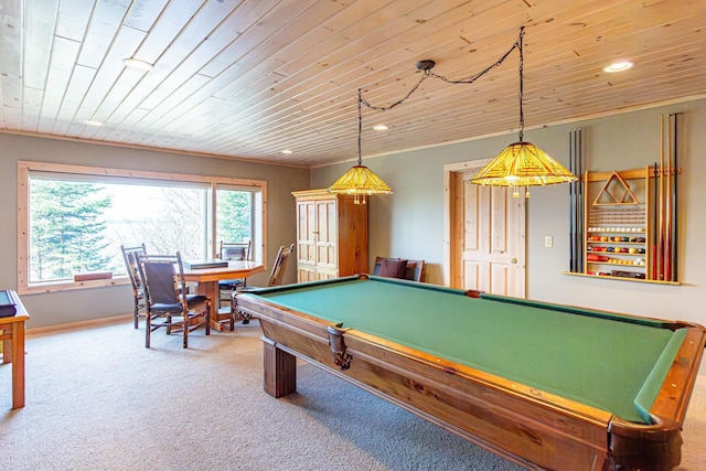 693 Kawishiwi Trl, Ely, MN 55731 - recreation room with carpet flooring, pool table, wooden ceiling, recessed lighting, and baseboards