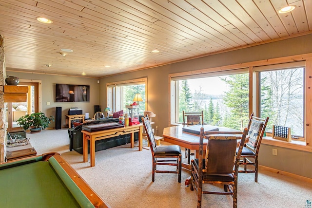 693 Kawishiwi Trl, Ely, MN 55731 - carpeted dining space with recessed lighting, wood ceiling, baseboards, and billiards table