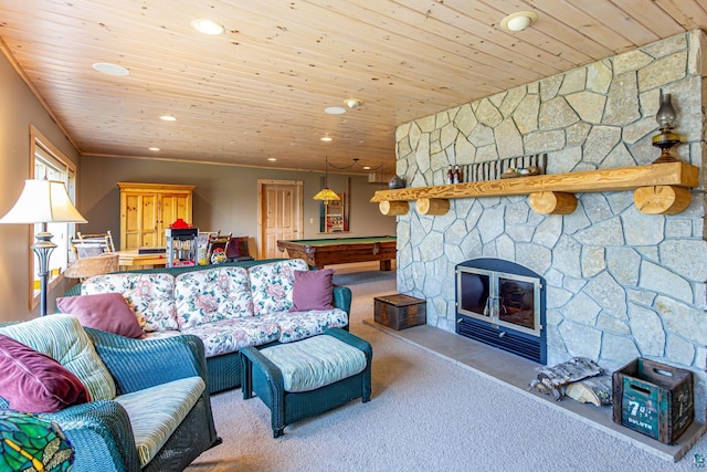 693 Kawishiwi Trl, Ely, MN 55731 - living area with carpet flooring, recessed lighting, wooden ceiling, a fireplace, and billiards