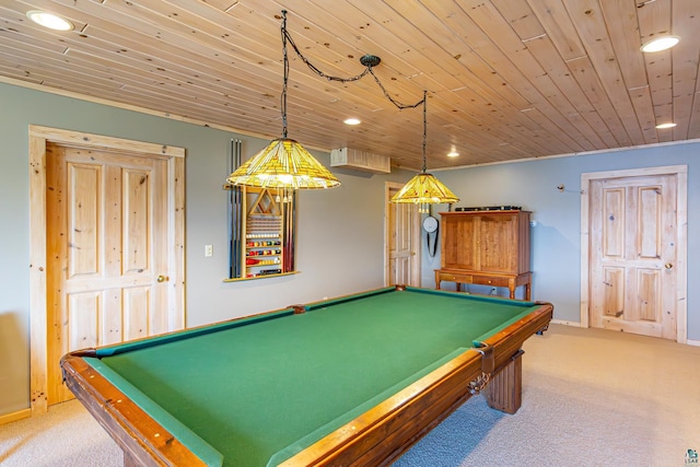 693 Kawishiwi Trl, Ely, MN 55731 - recreation room featuring carpet floors, billiards, recessed lighting, wooden ceiling, and baseboards
