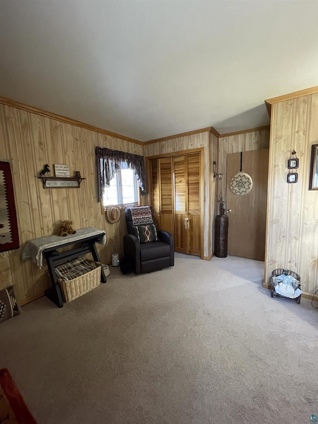 110 Hays Crk, Silver Bay, MN 55614 - living room featuring wood walls, carpet floors, and ornamental molding