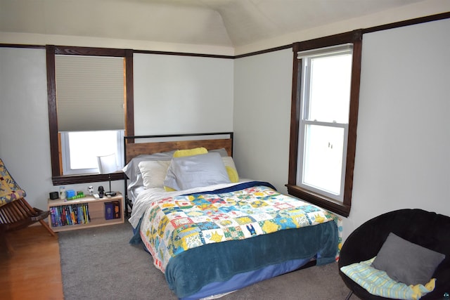 bedroom featuring multiple windows and lofted ceiling