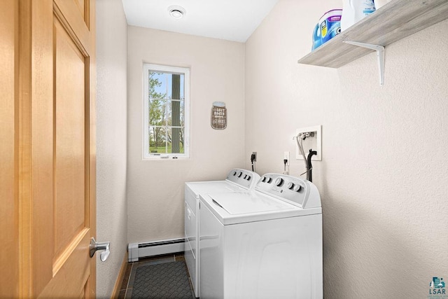 203 S 2nd Ave, Proctor, MN 55810 - laundry room with a baseboard radiator, independent washer and dryer, and tile patterned flooring