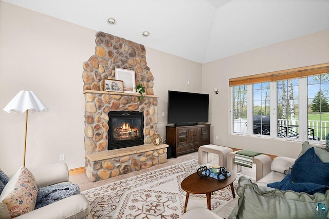 203 S 2nd Ave, Proctor, MN 55810 - living area featuring a fireplace, light carpet, and high vaulted ceiling