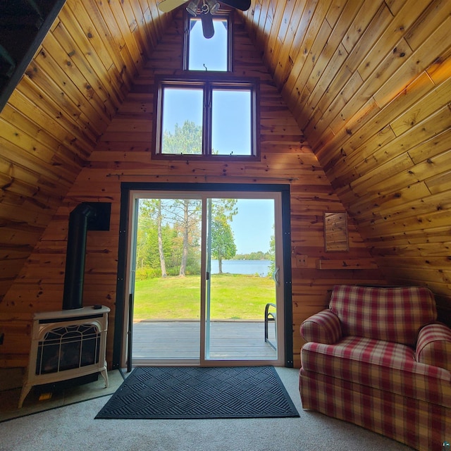 1473 S Kane Lake Rd, Two Harbors, MN 55616 - doorway to outside featuring a water view, vaulted ceiling, wood walls, a ceiling fan, and wooden ceiling