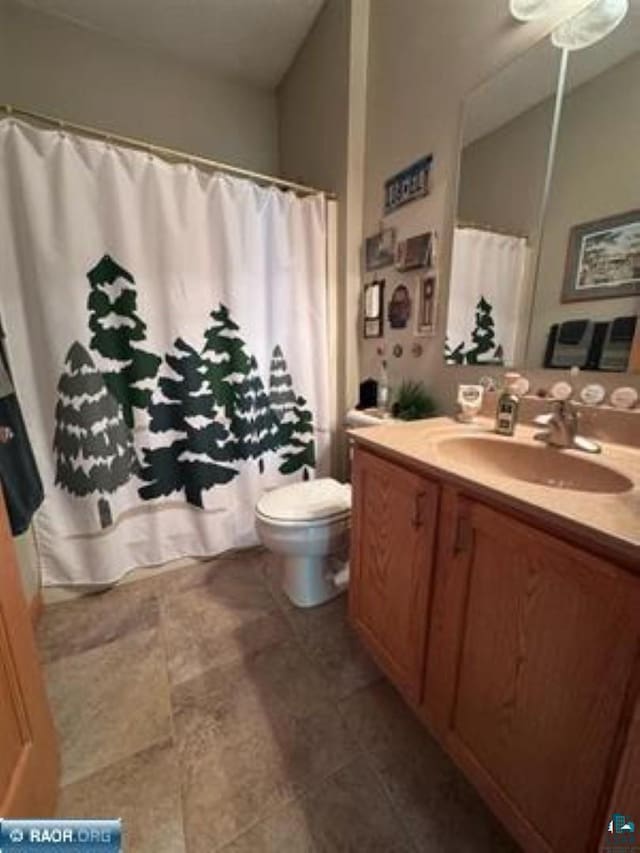 3622 Wildgate Rd, Ely, MN 55731 - bathroom featuring toilet, vanity, ceiling fan, and a shower with curtain