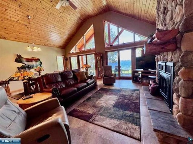 3622 Wildgate Rd, Ely, MN 55731 - living room featuring a ceiling fan, high vaulted ceiling, a chandelier, and wooden ceiling