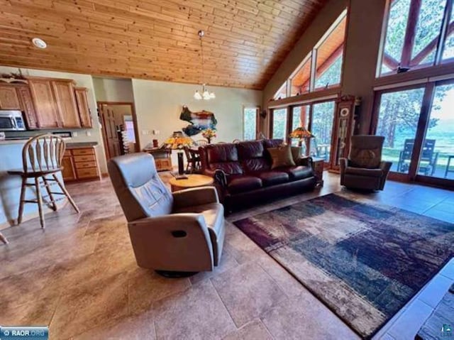 3622 Wildgate Rd, Ely, MN 55731 - living area featuring plenty of natural light, wooden ceiling, high vaulted ceiling, a chandelier, and light tile patterned floors