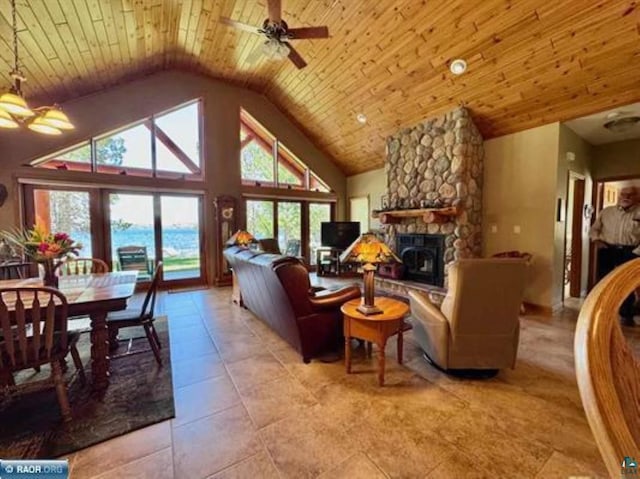 3622 Wildgate Rd, Ely, MN 55731 - tiled living area featuring ceiling fan, healthy amount of natural light, a fireplace, high vaulted ceiling, and wooden ceiling