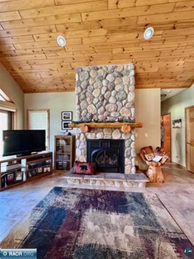 3622 Wildgate Rd, Ely, MN 55731 - living room featuring wood ceiling and a stone fireplace