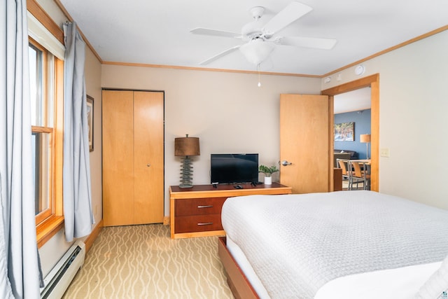 21 E Wisconsin St Unit 301, Grand Marais, MN 55616 - bedroom featuring baseboard heating, light carpet, crown molding, a desk, and a ceiling fan
