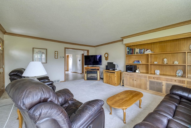 405 10th Ave, Two Harbors, MN 55616 - living room with light carpet, ornamental molding, and a textured ceiling