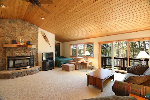 1880 S Everett Rd, Tower, MN 55790 - living area with wooden ceiling, baseboard heating, lofted ceiling, a ceiling fan, and carpet