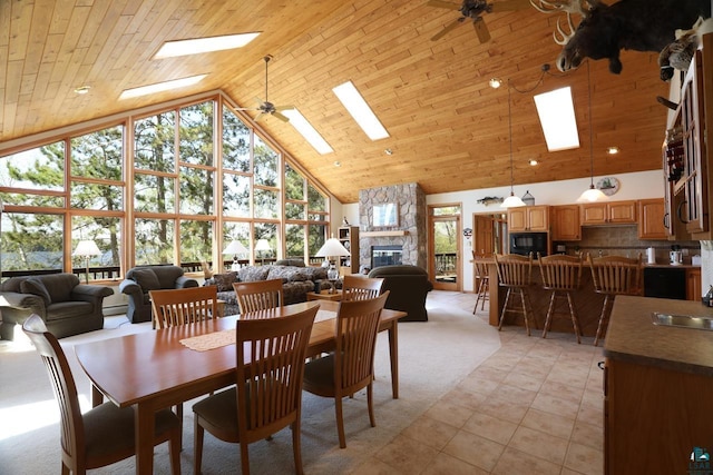 1880 S Everett Rd, Tower, MN 55790 - dining room featuring high vaulted ceiling, a skylight, a ceiling fan, healthy amount of natural light, and wood ceiling