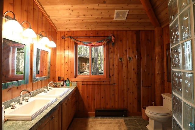 2928 Waters Is, Ely, MN 55731 - bathroom with baseboard heating, wooden ceiling, toilet, double vanity, and wooden walls