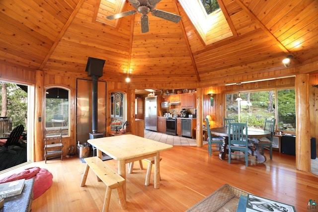 2928 Waters Is, Ely, MN 55731 - dining space with a wood stove, a ceiling fan, wooden walls, wine cooler, and light wood finished floors