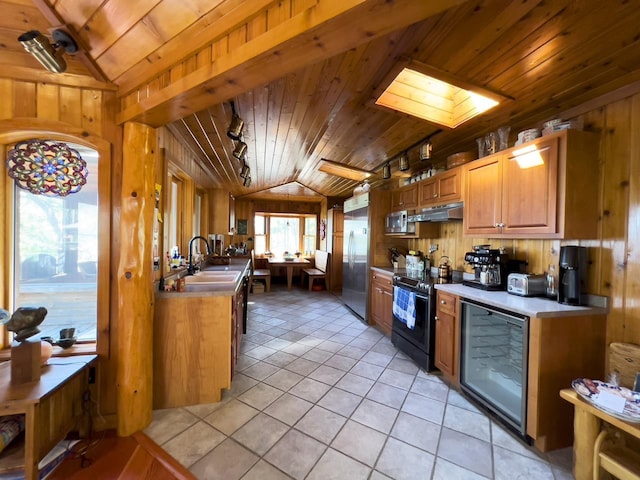 2928 Waters Is, Ely, MN 55731 - kitchen featuring appliances with stainless steel finishes, vaulted ceiling, wood ceiling, beverage cooler, and a sink