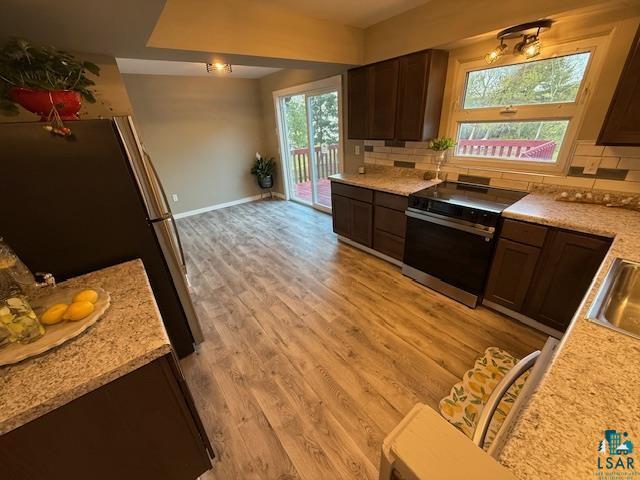 710 N Boundary Ave, Duluth, MN 55810 - kitchen with range with electric stovetop, light countertops, and decorative backsplash