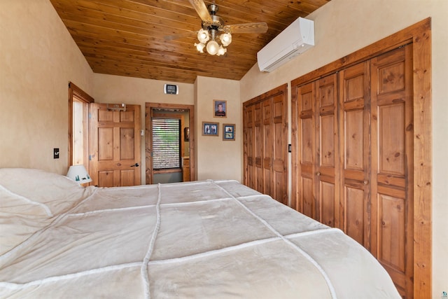 8845 Pequaywan Lake Rd, Duluth, MN 55803 - bedroom with an AC wall unit, two closets, wood ceiling, and lofted ceiling