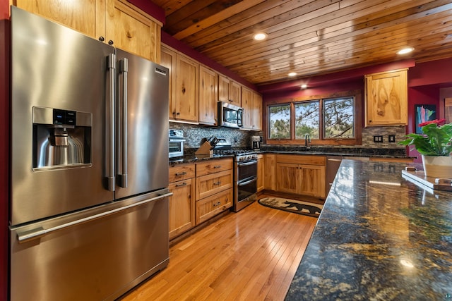 8845 Pequaywan Lake Rd, Duluth, MN 55803 - kitchen with appliances with stainless steel finishes, wood ceiling, light wood finished floors, tasteful backsplash, and recessed lighting