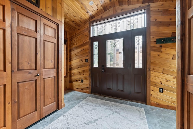 8845 Pequaywan Lake Rd, Duluth, MN 55803 - entryway featuring wood walls, lofted ceiling, and wooden ceiling