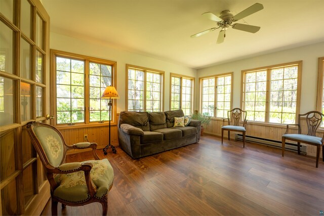 1205 Summit Ave, Cloquet, MN 55720 - living area featuring baseboard heating, healthy amount of natural light, a ceiling fan, and wood finished floors