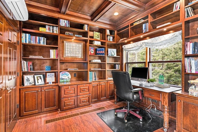 5491 N Shore Dr, Duluth, MN 55804 - office space with an AC wall unit, wooden ceiling with exposed beams, ornamental molding, wood finished floors, and coffered ceiling