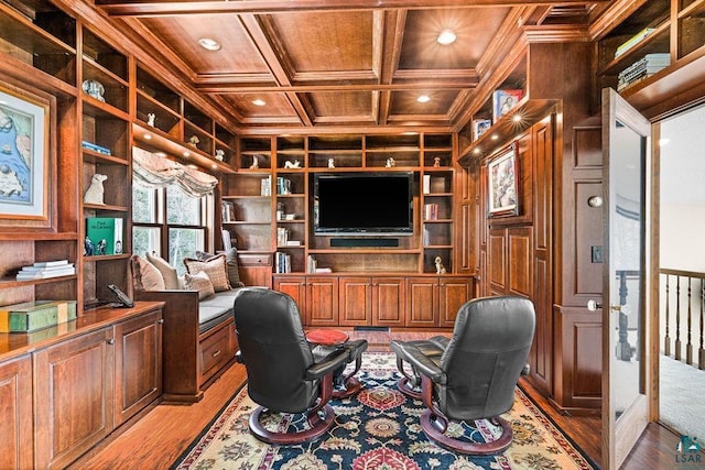 5491 N Shore Dr, Duluth, MN 55804 - office with wood ceiling with exposed beams, crown molding, built in features, light wood finished floors, and recessed lighting