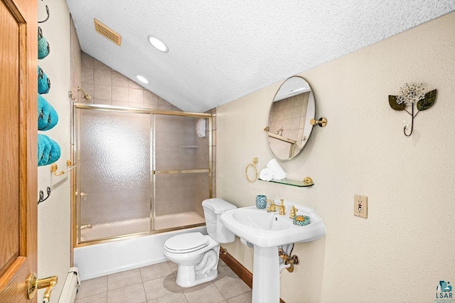 5491 N Shore Dr, Duluth, MN 55804 - bathroom with baseboard heating, tile patterned floors, lofted ceiling, toilet, and a textured ceiling