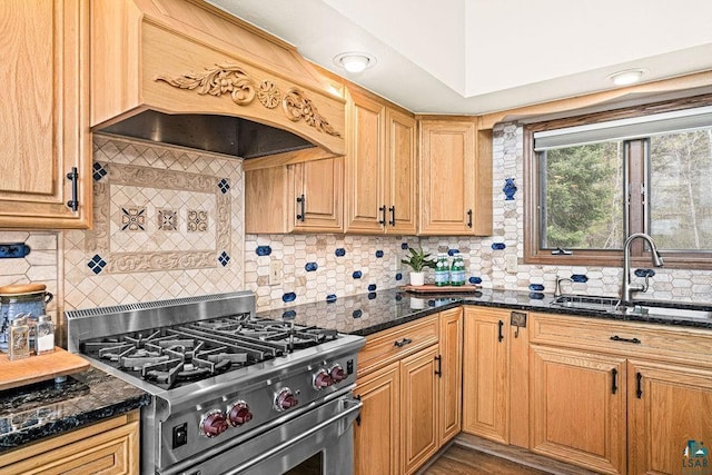 5491 N Shore Dr, Duluth, MN 55804 - kitchen with stainless steel range, a sink, decorative backsplash, and dark stone counters