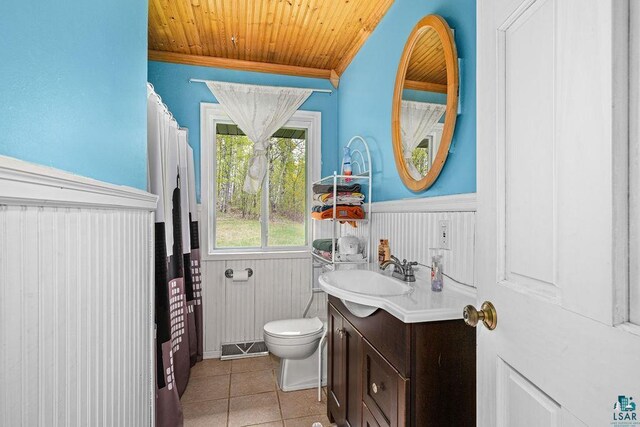 5152 Martin Rd, Duluth, MN 55811 - full bath featuring a wainscoted wall, vanity, tile patterned floors, toilet, and wooden ceiling