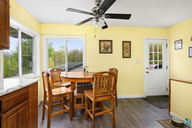 5152 Martin Rd, Duluth, MN 55811 - dining area with dark wood finished floors, baseboards, and a ceiling fan