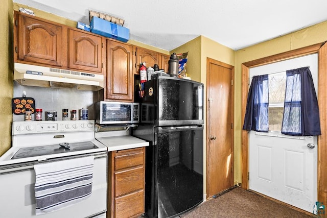 214 5th St, Proctor, MN 55810 - kitchen featuring white range with electric cooktop, under cabinet range hood, freestanding refrigerator, light countertops, and stainless steel microwave