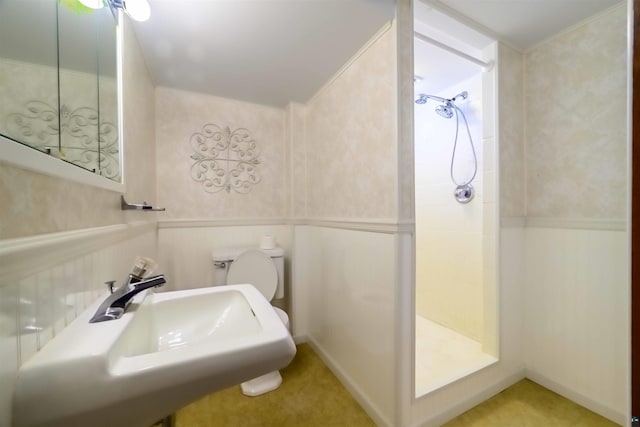 335 E Willow St, Duluth, MN 55811 - bathroom with a stall shower, toilet, a sink, wainscoting, and wallpapered walls