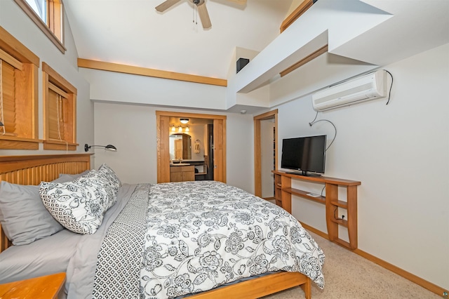 2126 Water St Unit L306, Duluth, MN 55812 - bedroom featuring a wall unit AC, high vaulted ceiling, light colored carpet, and ceiling fan