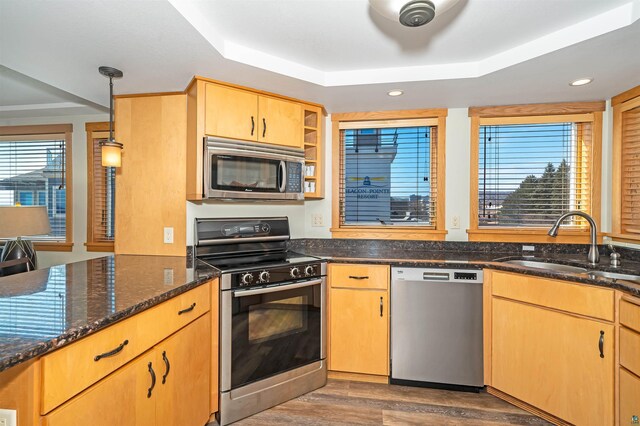 2126 Water St Unit L306, Duluth, MN 55812 - kitchen featuring appliances with stainless steel finishes, a tray ceiling, a sink, dark stone counters, and recessed lighting