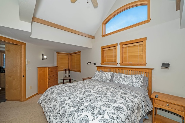 2126 Water St Unit L306, Duluth, MN 55812 - bedroom with high vaulted ceiling, carpet, and a ceiling fan