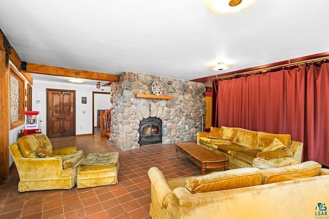 4015 E Van Rd, Duluth, MN 55803 - living area featuring tile patterned flooring, a fireplace, and beamed ceiling