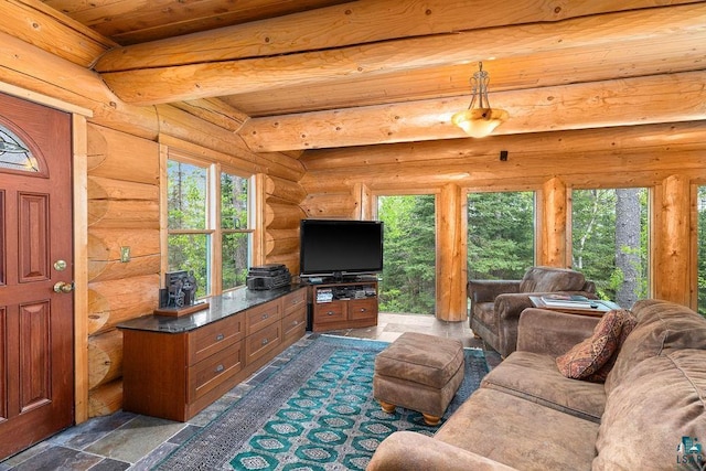 4015 E Van Rd, Duluth, MN 55803 - living area with plenty of natural light, wood ceiling with exposed beams, and log walls